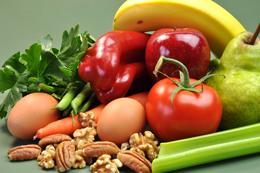 fresh vegetables, fruit, eggs, and nuts